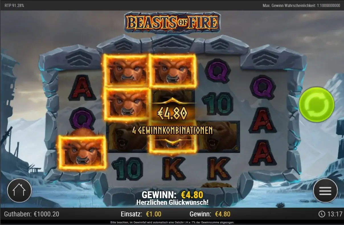 Spielszene des Play'n GO Slots Beasts of Fire Maximum mit markierten Gewinnsymbolen und einer Auszahlung von 4,80 €.