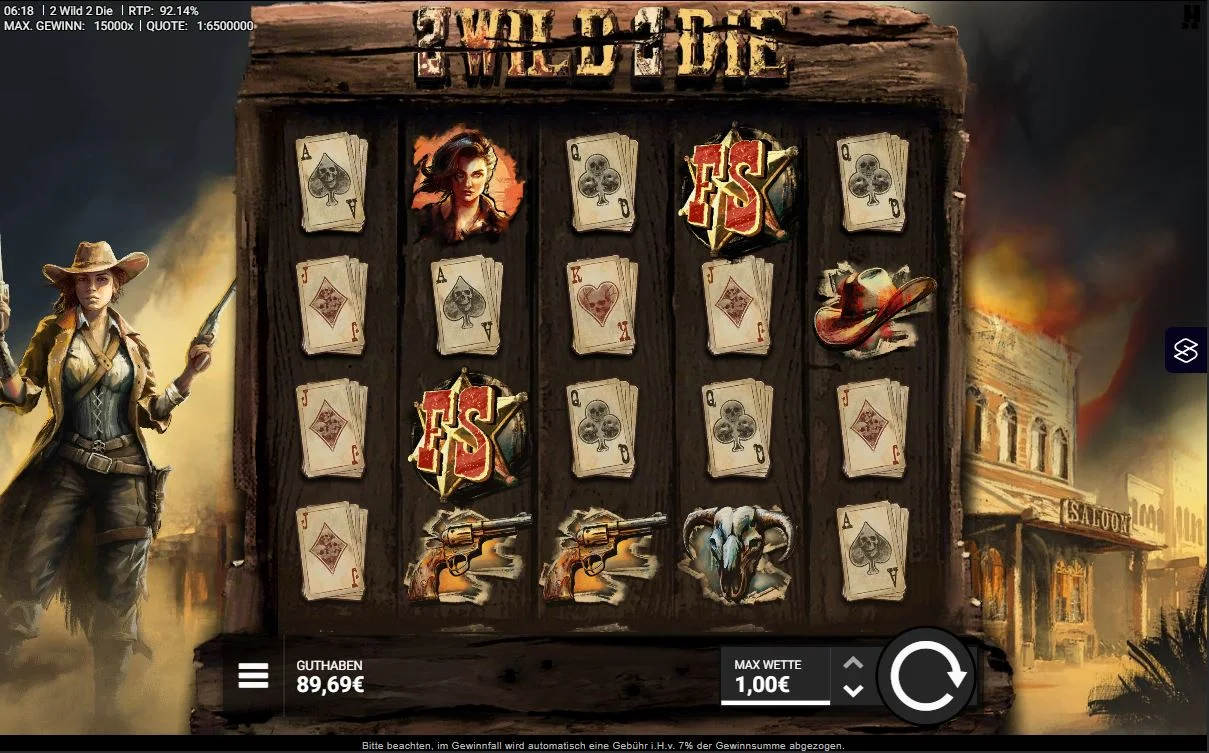 2 Wild 2 Die Slot Gameplay mit Karten, Revolver Symbolen und Freispiele