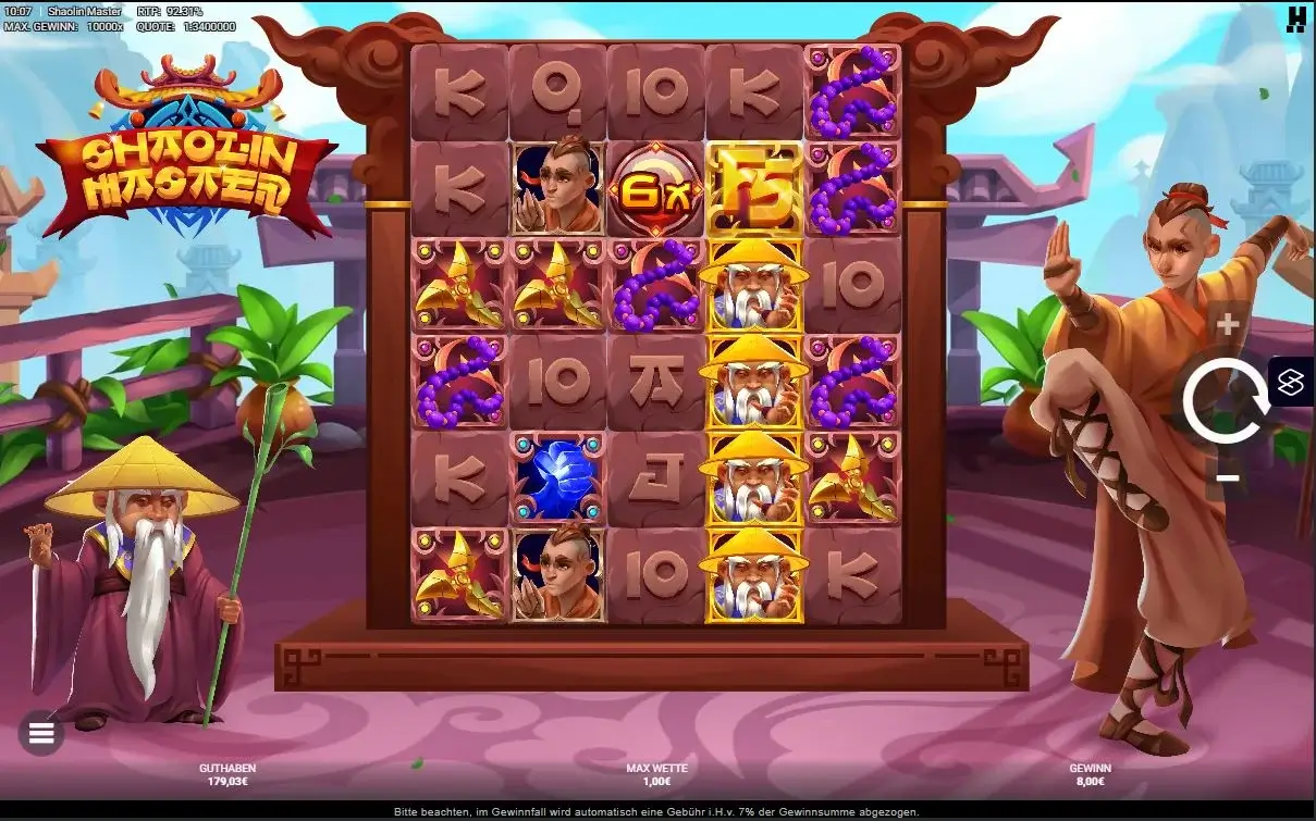 Shaolin Master Slot mit Cluster Pays, Kung-Fu Symbolen und Gewinnkombinationen