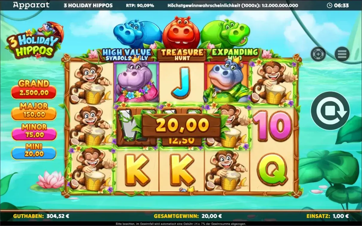 Gameplay von 3 Holiday Hippos mit Nilpferden, Treasure-Hunt-Feature und expandierenden Symbolen
