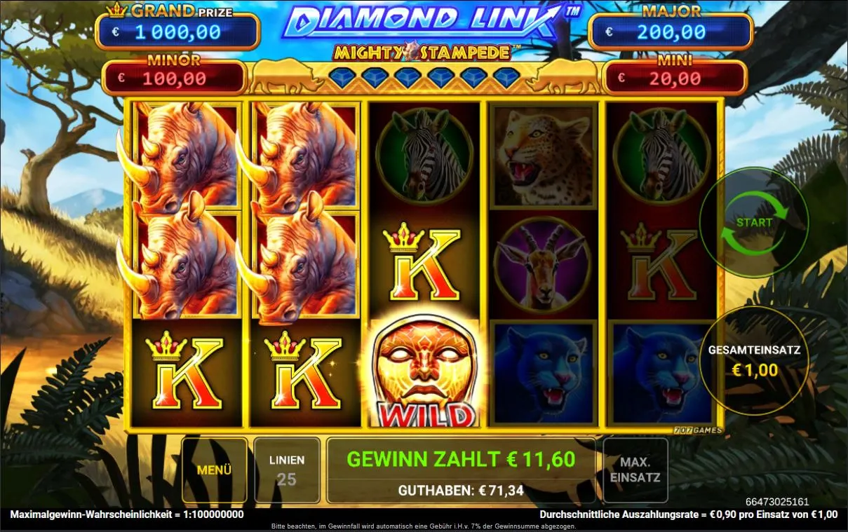 Spielszene des Diamond Link: Mighty Elephant Win Ways Slots mit Elefantenmotiv, Diamond-Link-Jackpots und Gewinnwegen bei DIE SPIELBANK.