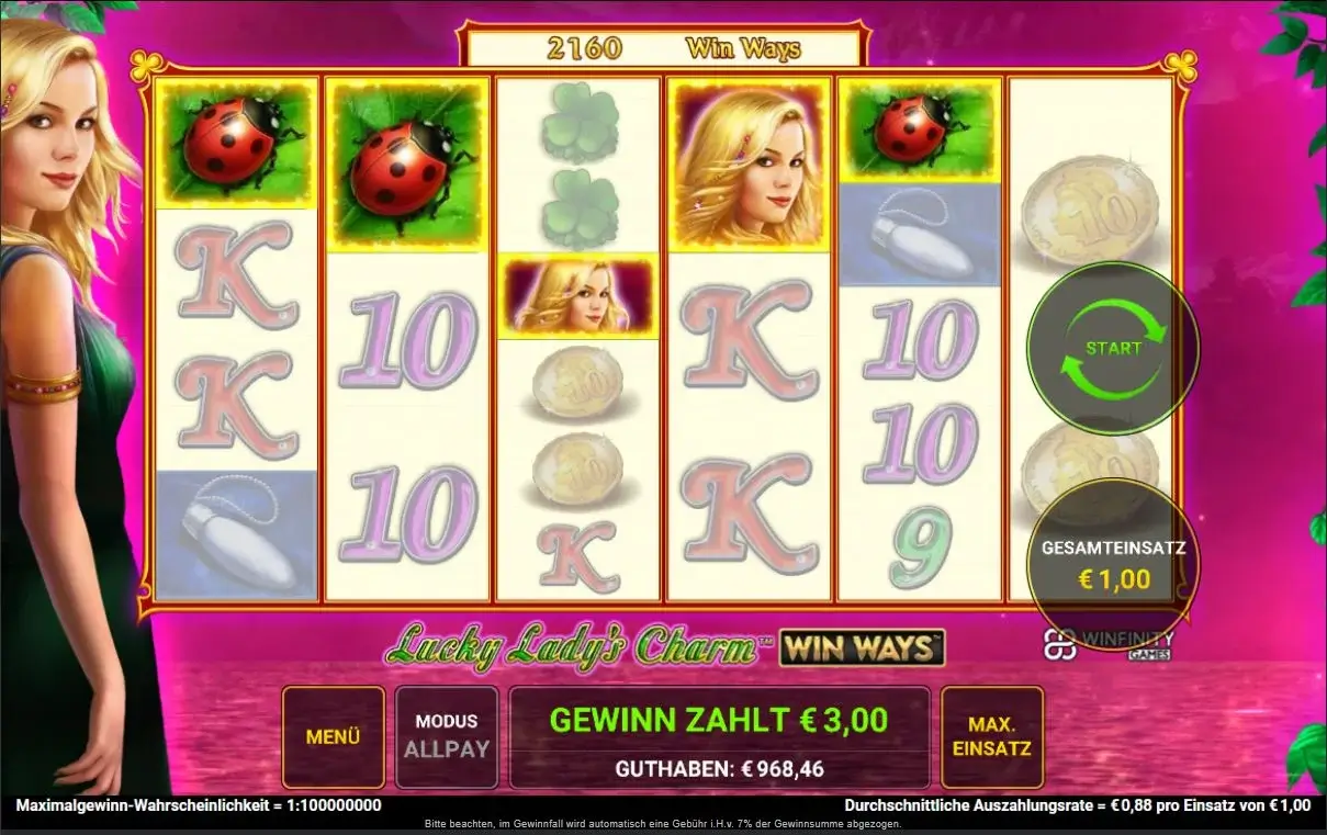 Spielszene von Lucky Lady's Charm Win Ways mit Lady-Symbol, Glücksbringern und Win-Ways-Spielmechanik bei DIE SPIELBANK.