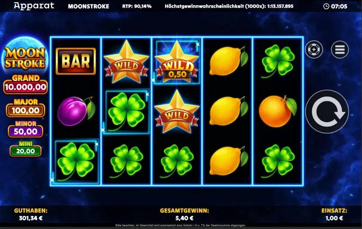 Gameplay von Moonstroke mit Wild-Sternen, Fruchtsymbolen und wachsendem Stack-&-Strike-Spielfeld