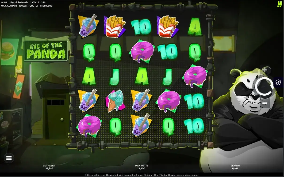 Eye of the Panda Gameplay mit Neon-Symbolen, Snacks und Panda-Charakter