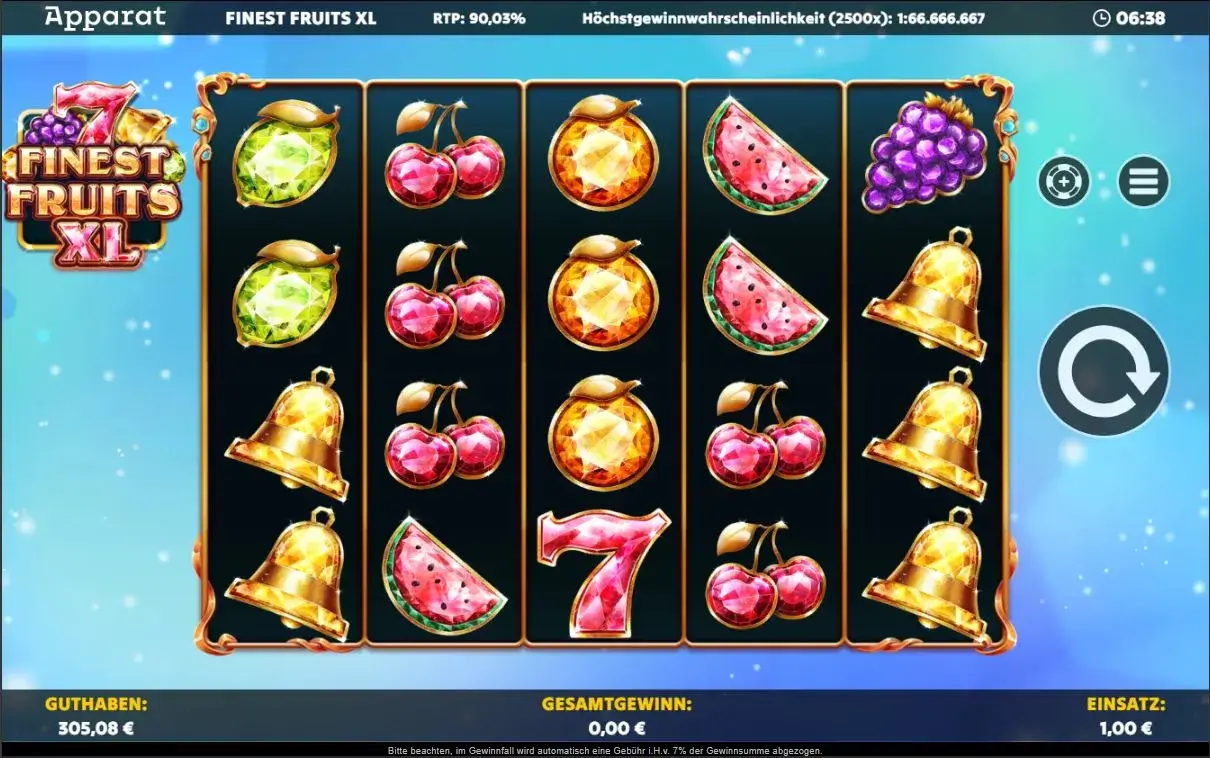 Gameplay von Finest Fruits XL mit Edelstein-Früchten, Glocken und Siebener auf fünf Walzen