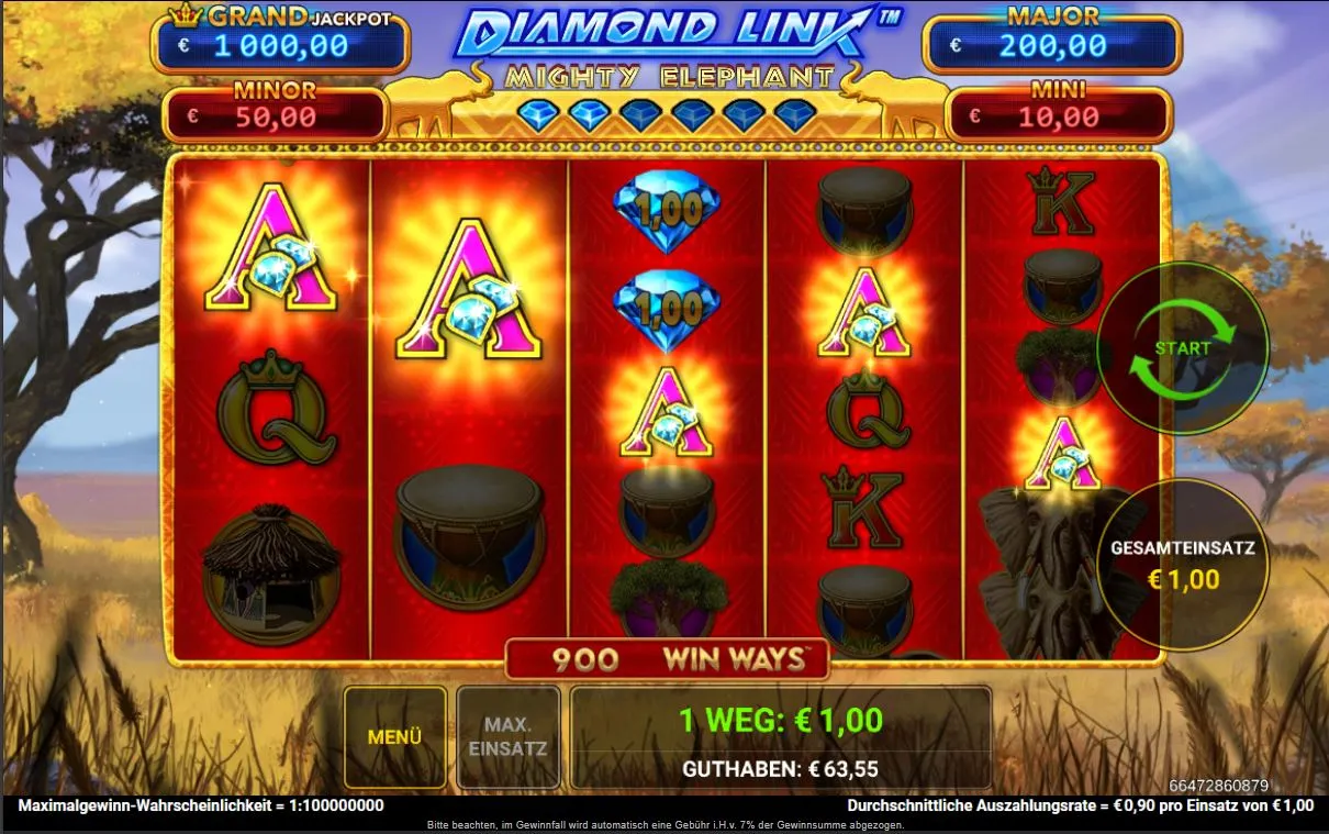 Spielszene des Diamond Link Mighty Elephant Win Ways Slots mit Elefantenmotiv, Diamond-Link-Jackpots und Gewinnwegen bei DIE SPIELBANK.