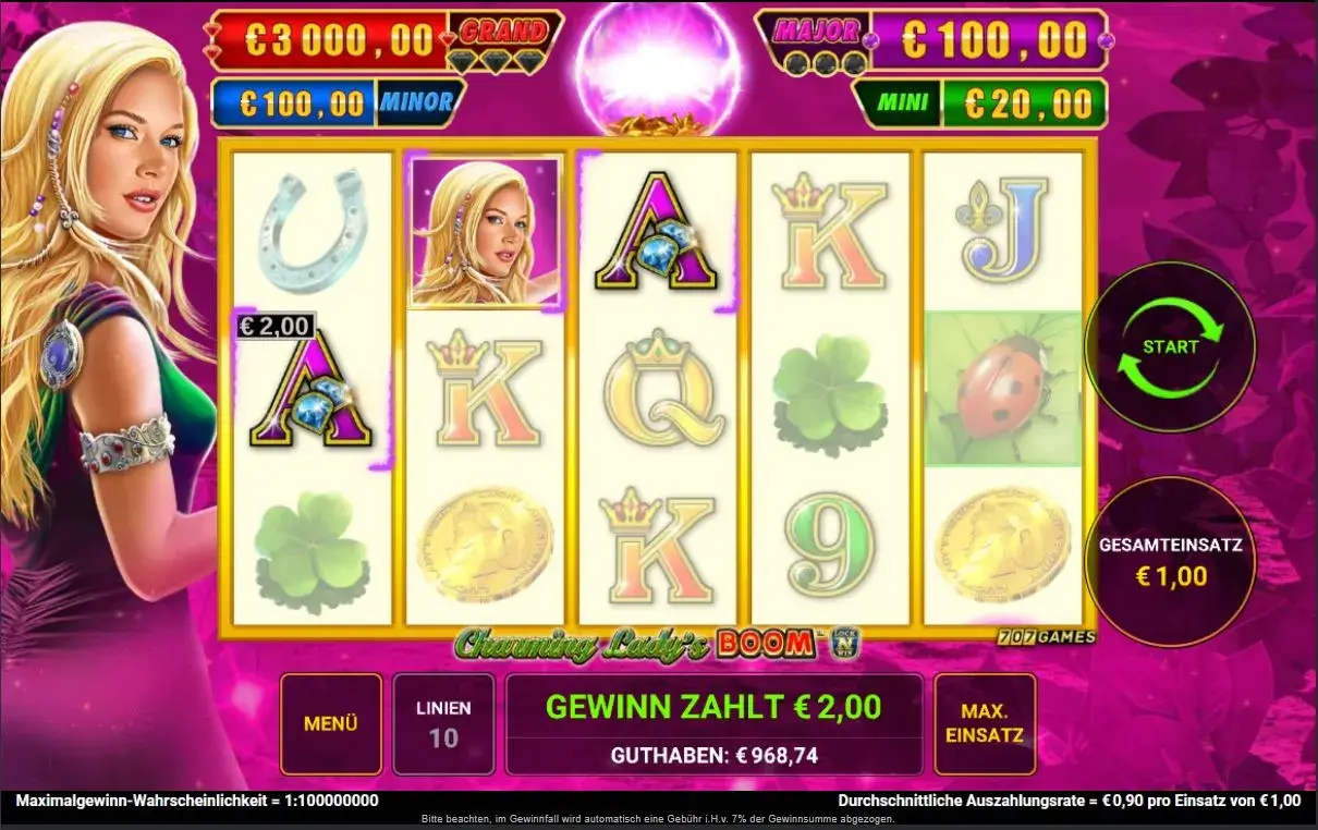 Spielansicht des Novoline Slots Charming Lady's Boom mit Lady-Symbol, Jackpot-Anzeige und laufender Spielrunde bei DIE SPIELBANK.