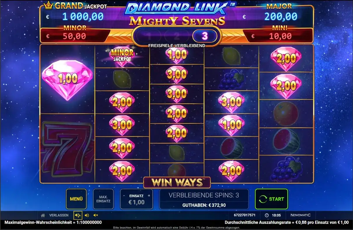 Spielszene des Diamond Link: Mighty Sevens Win Ways Slots im Freispiel-Modus mit Gewinnanzeige und Minor Jackpot bei DIE SPIELBANK.