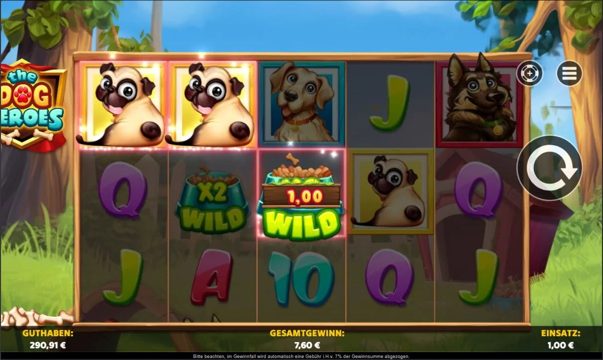 Gameplay von The Dog Heroes mit Hundesymbolen, Collect-Mechanik und Wild-Symbolen mit Multiplikatoren