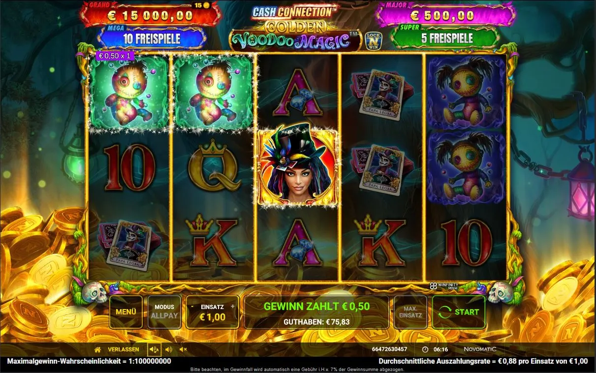 Gameplay des Cash Connection – Golden Voodoo Magic Slots mit Voodoo-Figur, Freispiele-Feature und Lock 'n' Win-Jackpots bei DIE SPIELBANK.