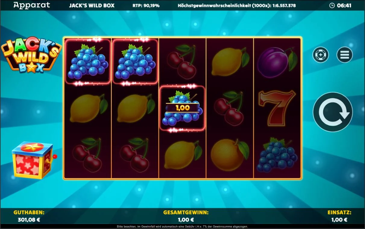 Gameplay von Jack’s Wild Box mit Fruchtsymbolen und expandierenden Wild-Symbolen auf fünf Walzen