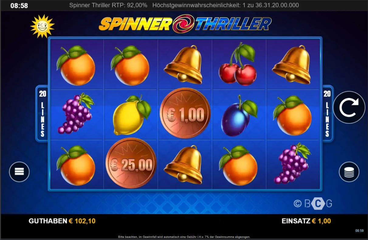 Spielansicht des Spinner Thriller Slots mit Orangen, Trauben, Kirschen, Glocken und Münzsymbolen