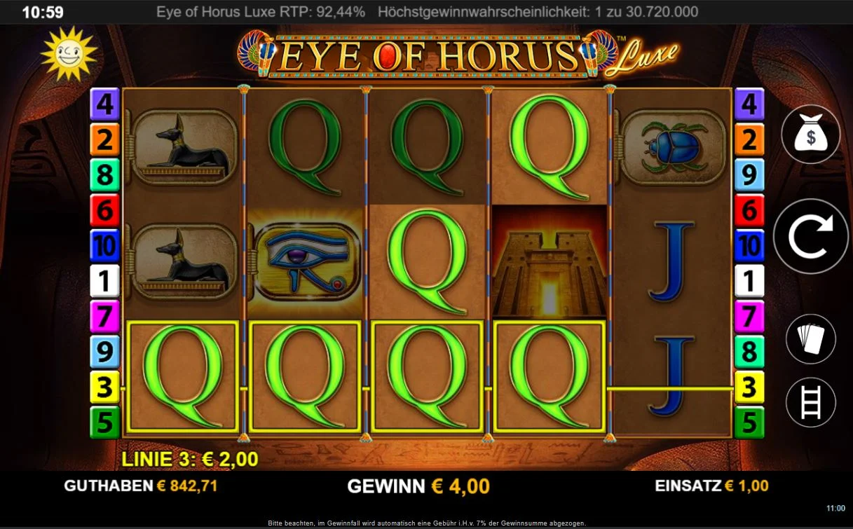 Screenshot des Eye of Horus Luxe Ingame-Slots mit Walzen und ägyptischen Symbolen
