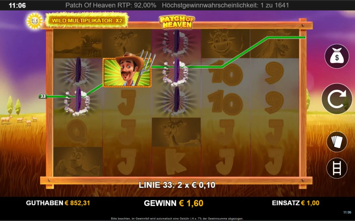 Screenshot des Patch of Heaven Slots mit Farmland, Charakter und Gewinnlinie