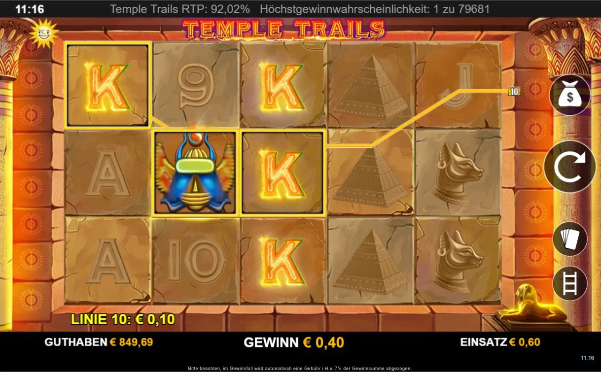 Screenshot des Temple Trails Slots mit Walzen, Gewinnlinie und ägyptischen Symbolen
