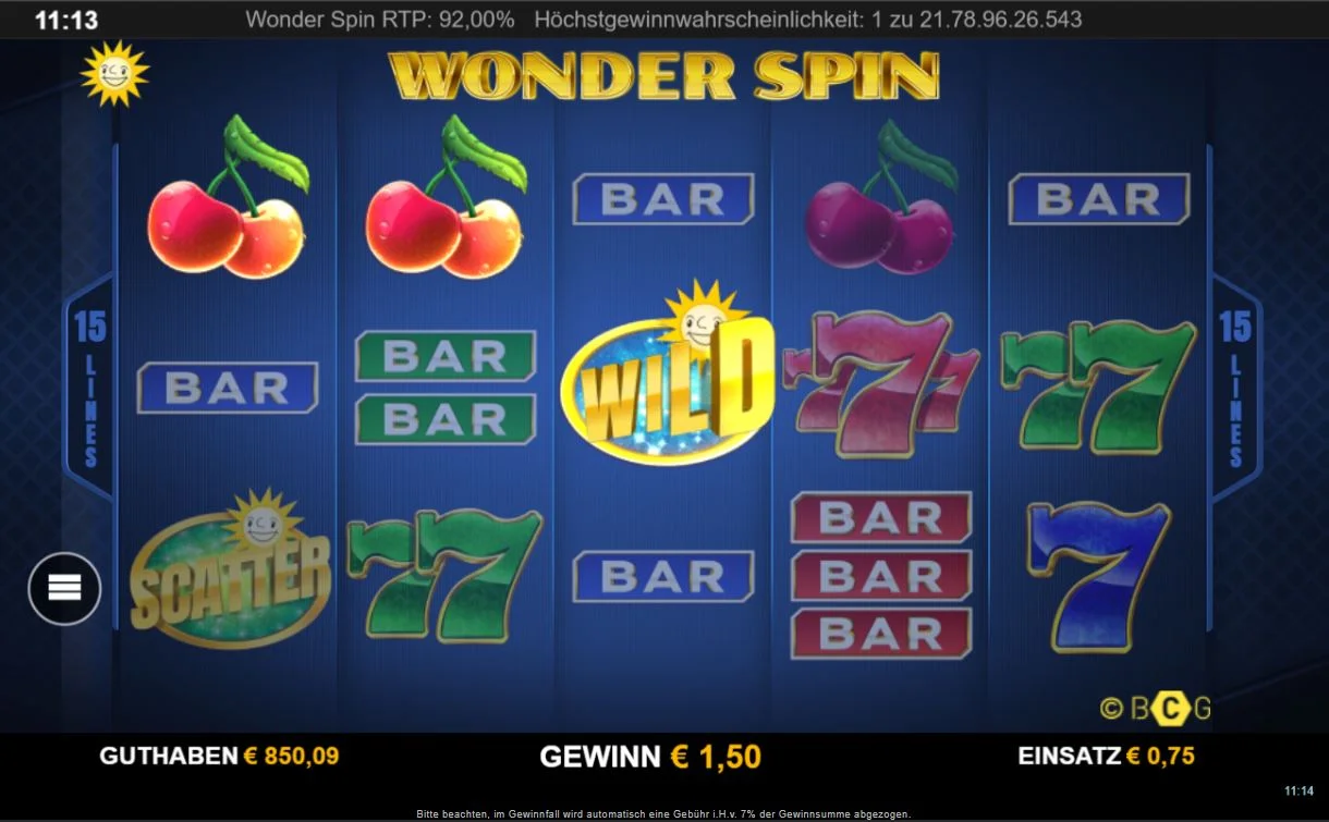 Screenshot des Wonder Spin Slots mit Früchten, 7er-Symbolen und Wild
