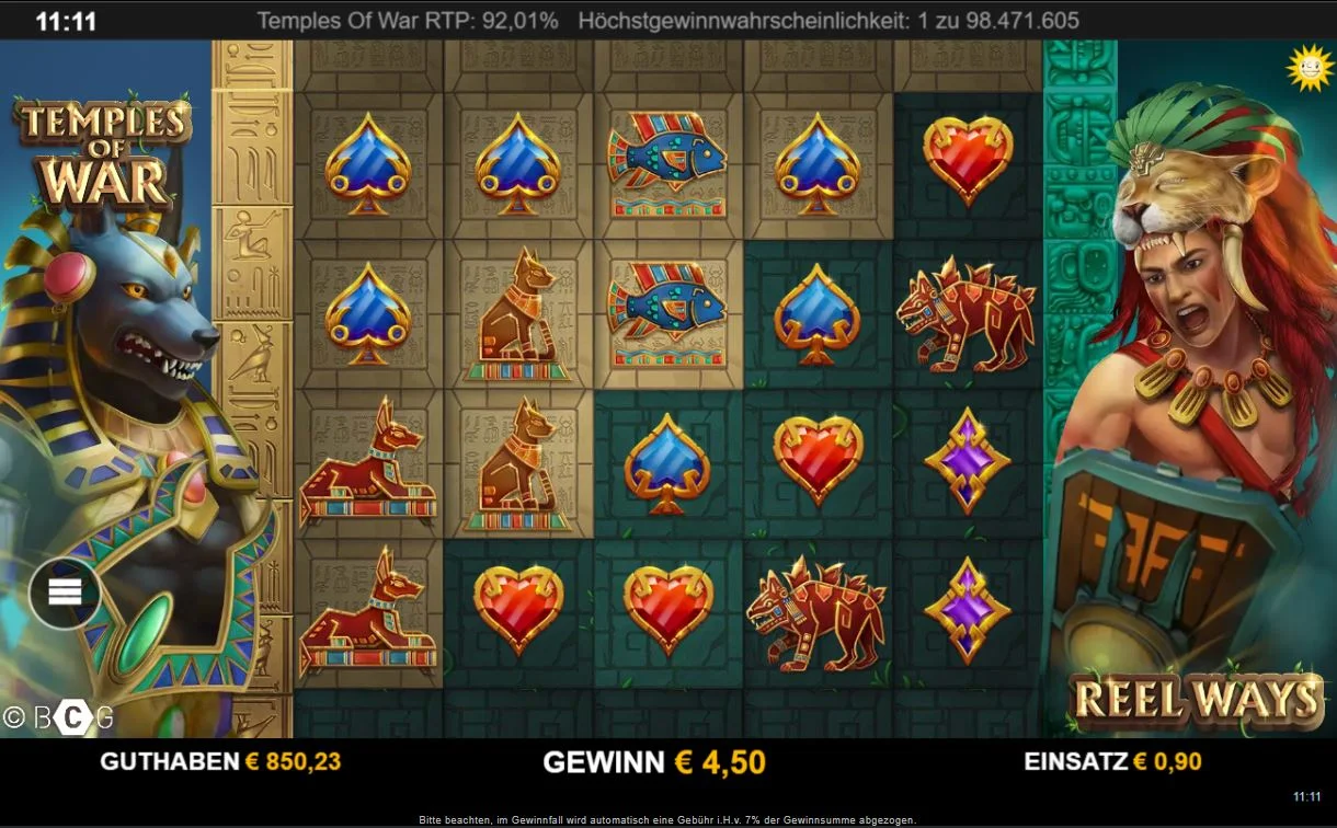 Screenshot des Temples of War Slots mit Reel-Ways-Layout, Kriegerfigur und Symbolen