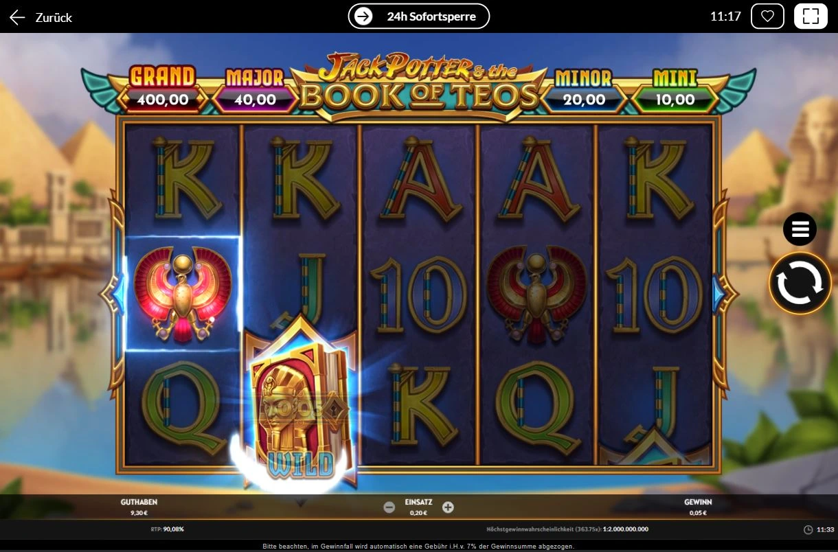 Jack Potter & the Book of Teos Slot mit Wild-Symbol und Skarabäus auf den Walzen