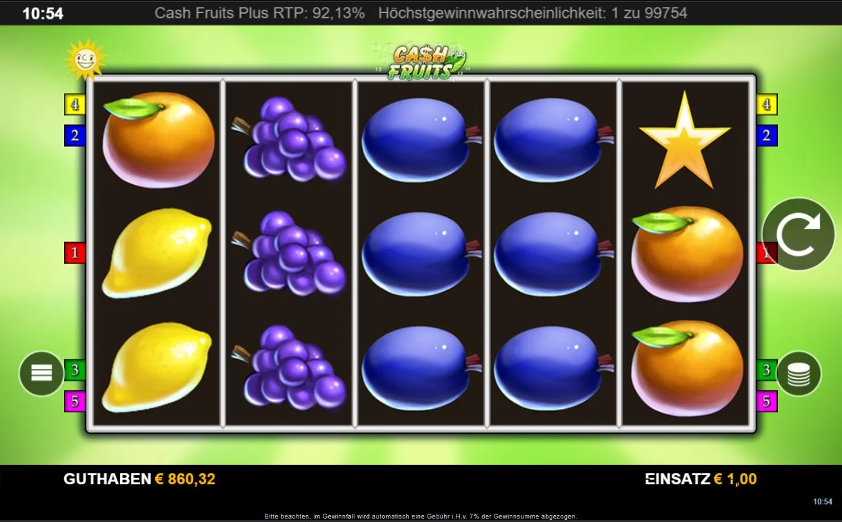 Cash Fruits Plus Ingame-Ansicht mit Fruchtsymbolen, fünf Walzen, Gewinnlinien und Einsatzanzeige.