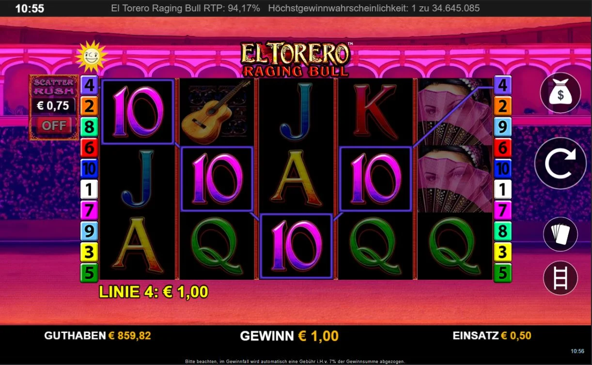 Screenshot des El Torero Raging Bull Slots mit Symbolen, Walzen und Gewinnlinie