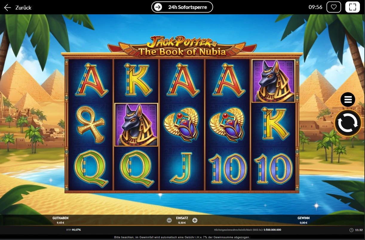 Jack Potter & the Book of Nubia Slot mit Symbolen von Anubis und Skarabäus vor Pyramidenkulisse