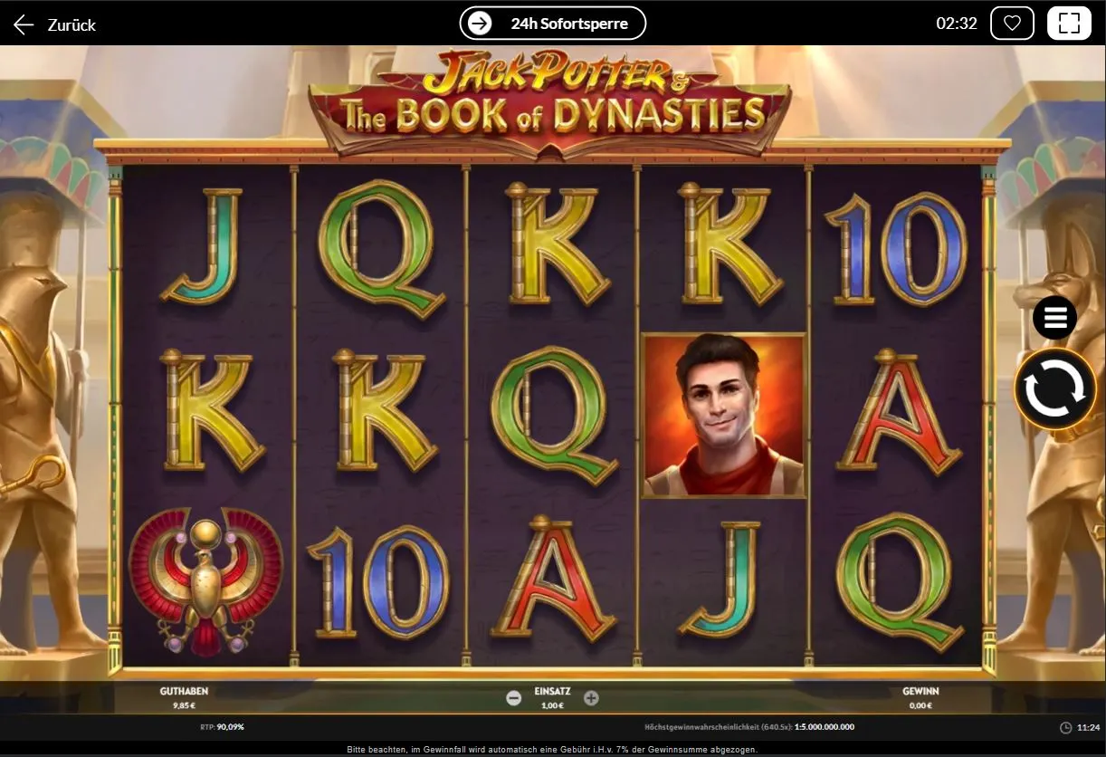Jack Potter & The Book of Dynasties Slot mit goldenen Buchsymbolen und ägyptischem Tempel