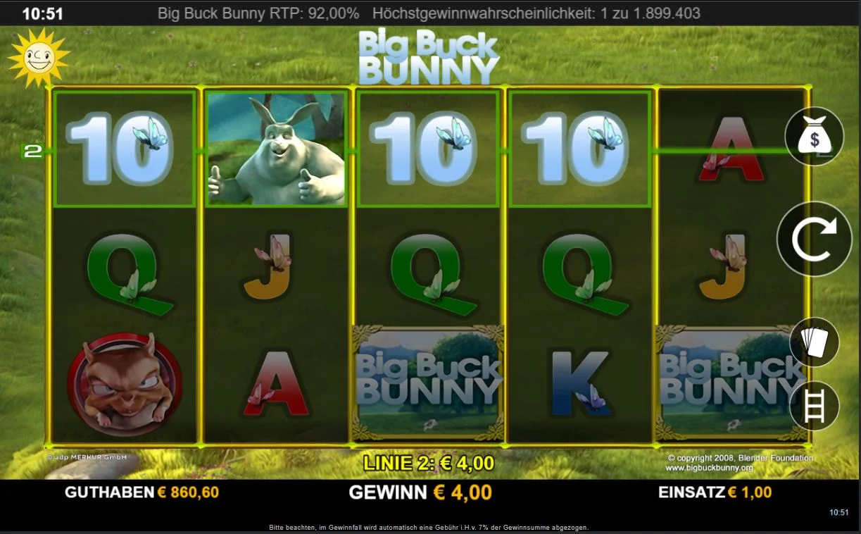 Screenshot des Big Buck Bunny Slots mit Figuren, Symbolen und Gewinnlinie