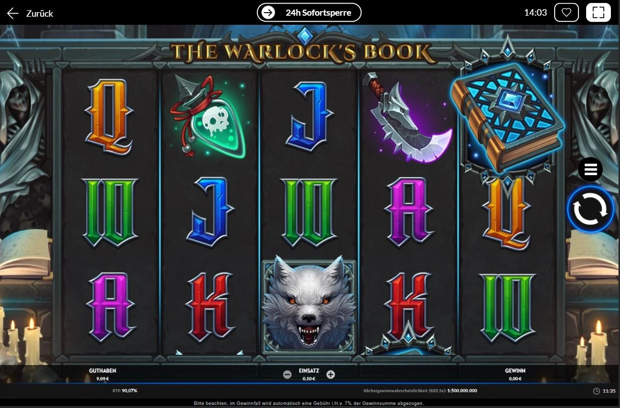 The Warlock’s Book Slot mit Wolfssymbol, Zaubertrank und leuchtendem Buch