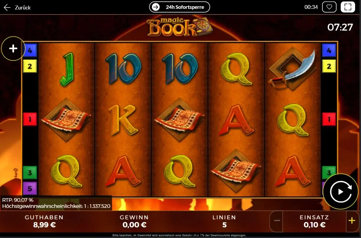 Magic Book Slot mit ägyptischen Symbolen, Schwert und fliegendem Teppich auf fünf Walzen