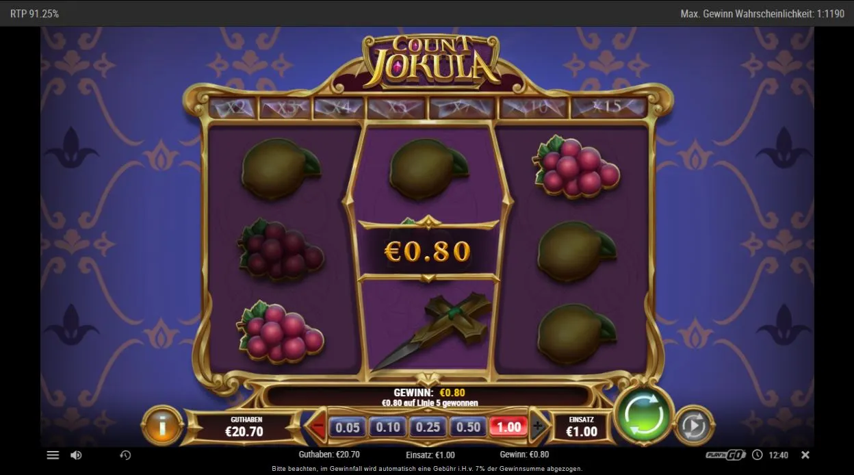 Screenshot des Count Jokula Spielautomaten mit Walzen, Früchtesymbolen und Gewinnanzeige