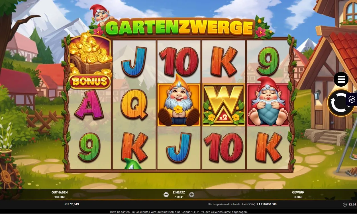 Ingame-Szene des Slots Garden Gnomes mit Gartenzwergen und Bonus-Symbol