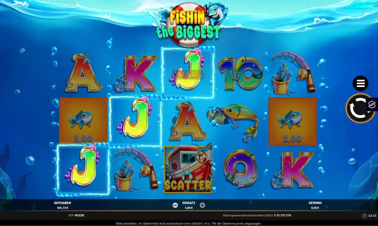 Ingame-Ansicht des Online-Slots Fishin’ the Biggest mit Fischsymbolen und Bonusfeldern