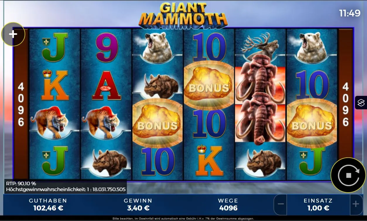 Ingame-Darstellung des Giant Mammoth Slots mit Mammut- und Bonus-Symbolen