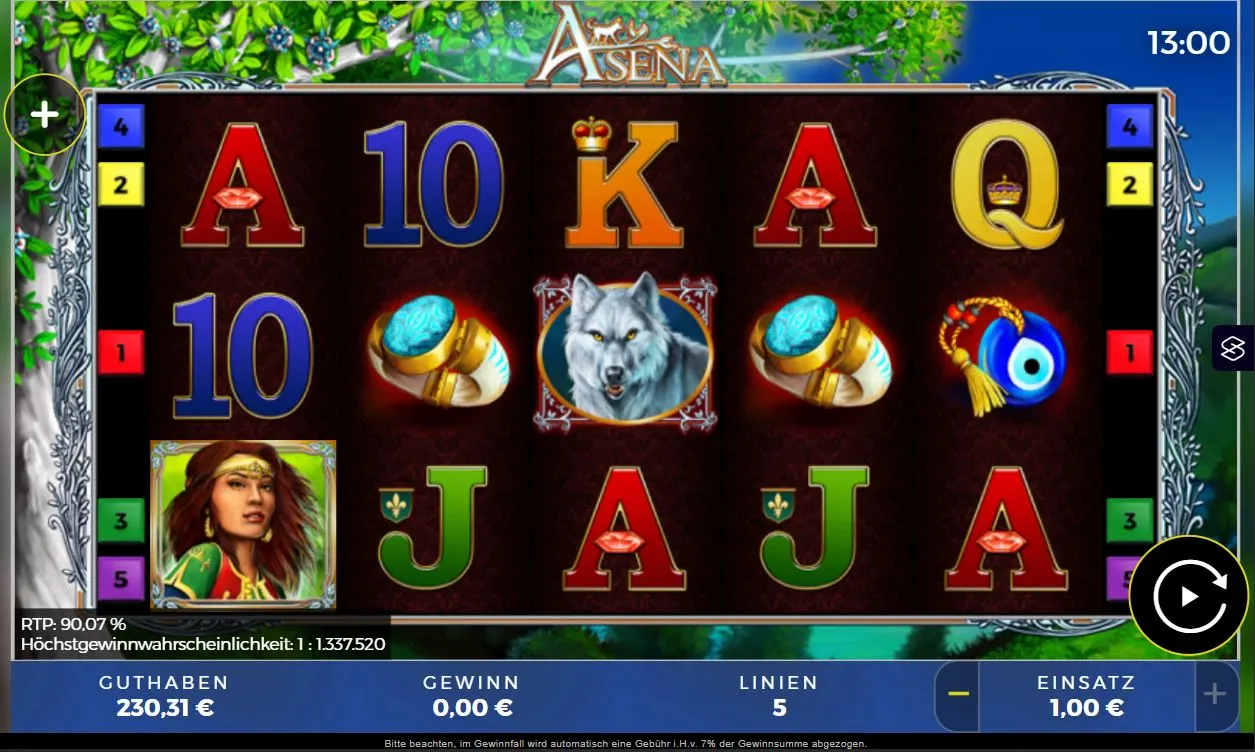 Ingame-Szene des Asena Slots mit Wolfsmotiv und Fantasy-Symbolen