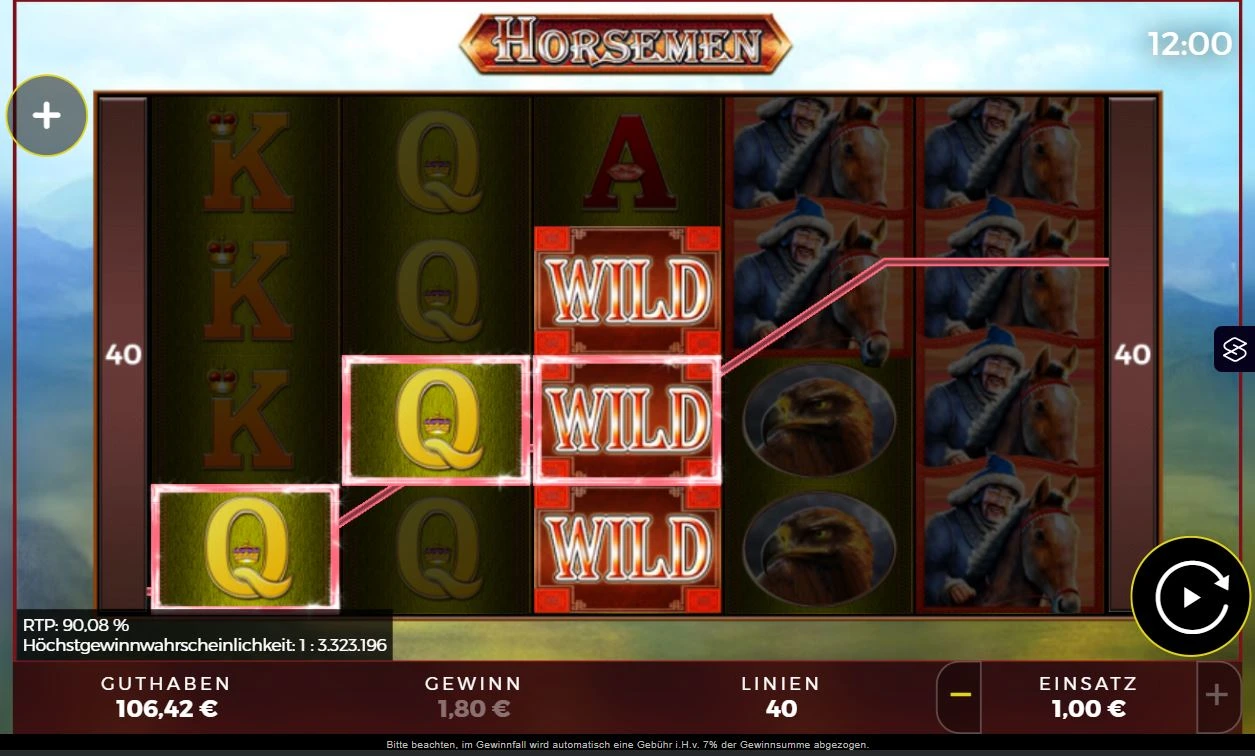 Ingame-Darstellung des Horsemen Slots mit Wild-Symbolen und Reitermotiven