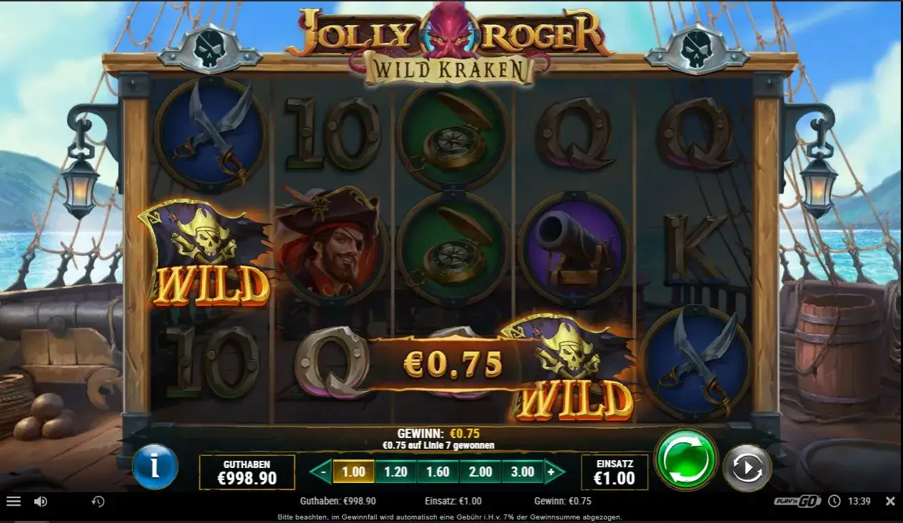 Spielsituation im Play'n GO Slot Jolly Roger Wild Kraken mit Wild-Symbolen, Piratenmotiven und Gewinn auf den Walzen.
