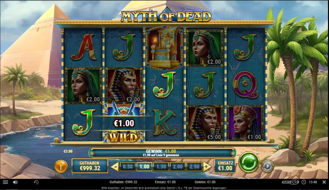 Gameplay des Play'n GO Slots Myth of Dead mit Wild-Symbol, Gewinnkombination und ägyptischer Tempelkulisse.