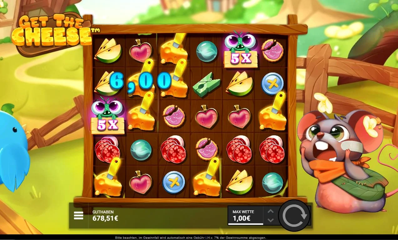 Get the Cheese Gameplay mit Symbolen, Käse und Gewinnanzeige