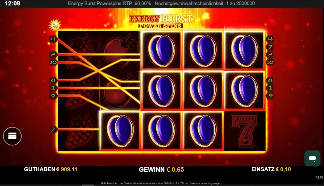 Screenshot vom Energy Burst Power Spins Slot mit blauen Pflaumen-Symbolen im Spielmodus.