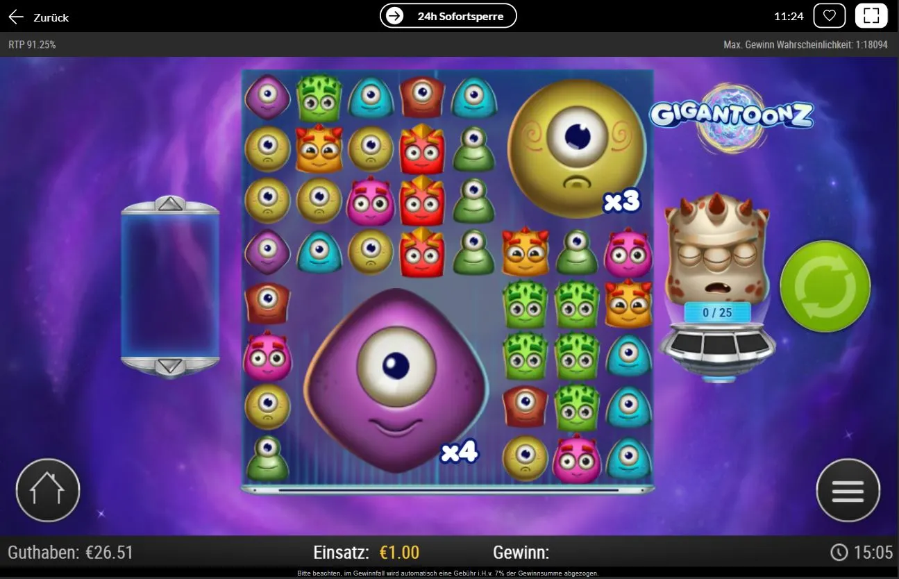 Gigantoonz Slot Ingame-Szene mit farbigen Monstern, Multiplikator x4 und Einsatz von 1 €.