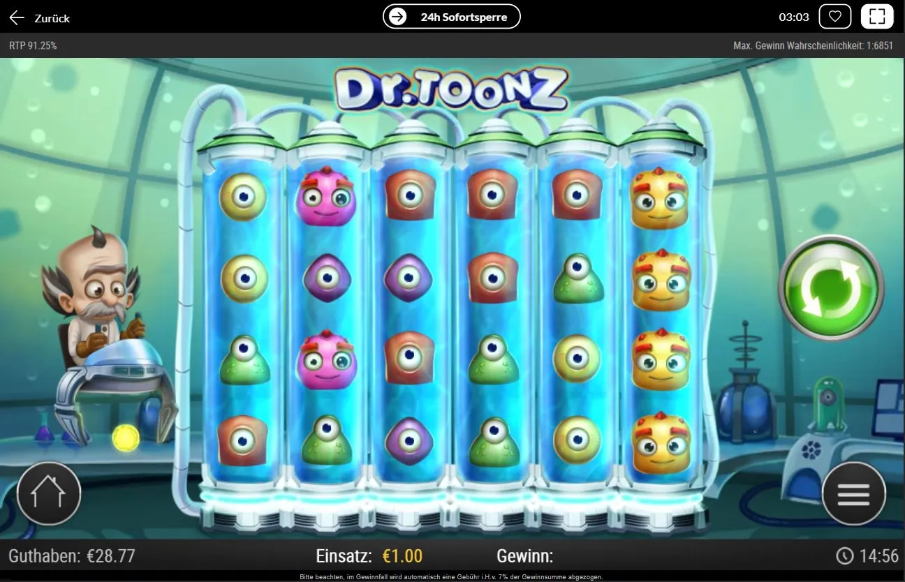 Dr. Toonz Ingame-Szene mit 6 Walzen, bunten Symbolen in Röhren, Einsatz 1 € und Guthabenanzeige.