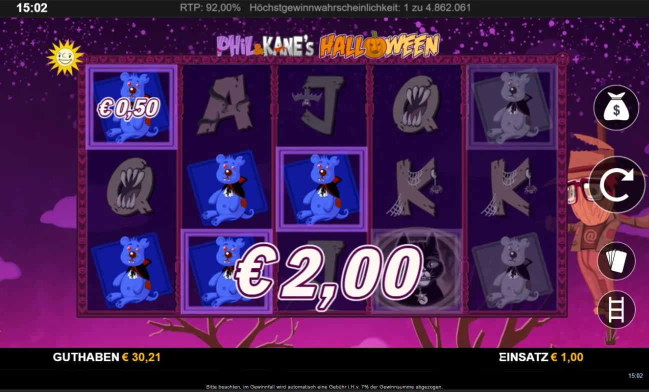 Phil & Kane’s Halloween Slot mit animierten Bären und Gewinnanzeige im violetten Halloween-Design