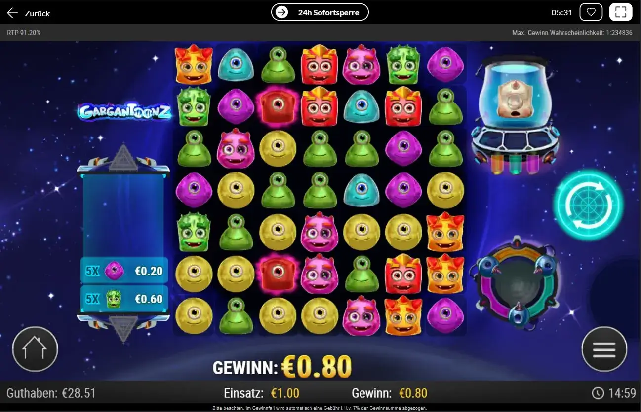 Gargantoonz Ingame-Ansicht mit bunten Alien-Symbolen, Einsatz 1 €, Gewinnanzeige 0,80 €.