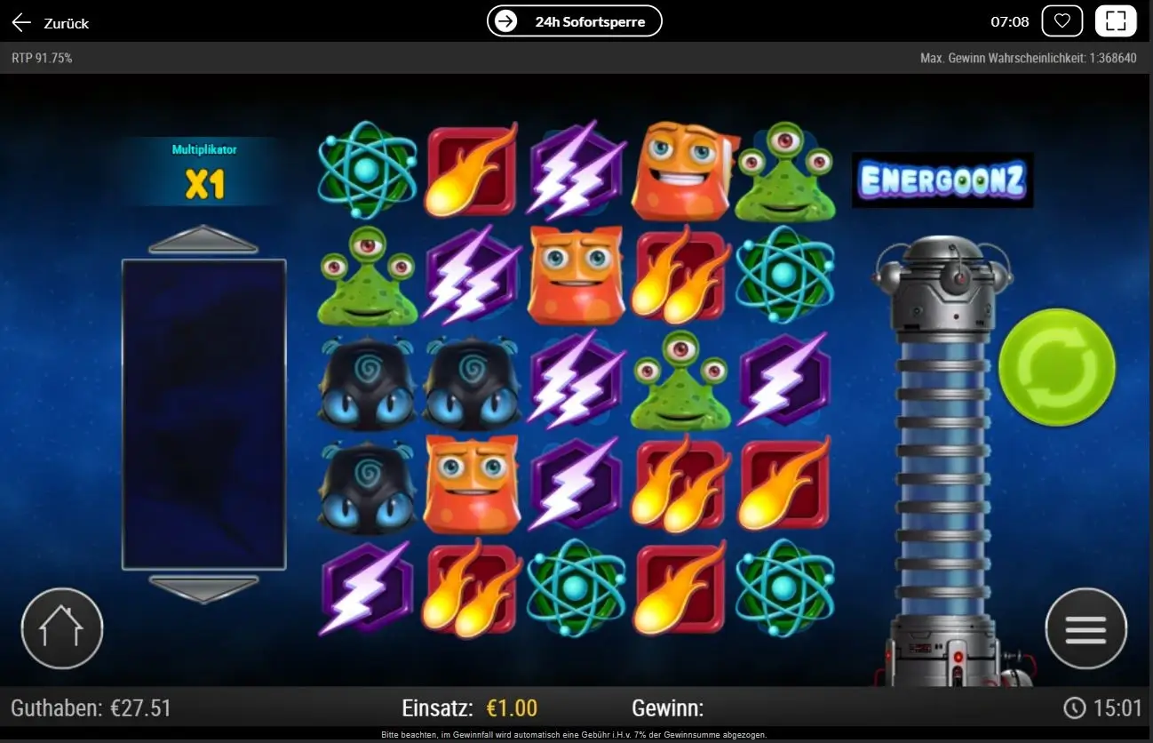 Energoonz Ingame-Szene mit Symbolen wie Blitzen, Flammen, Atomen und Monstern bei Einsatz 1 €.
