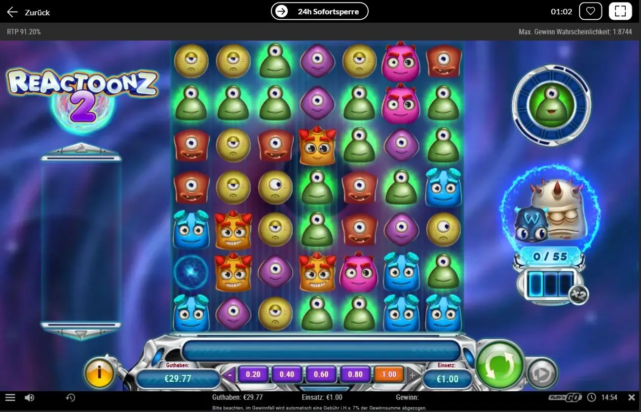 Reactoonz 2 Slot Ingame mit farbigen Monstern, Einsatz 1 €, Guthabenanzeige und aktivem Gargantoon.