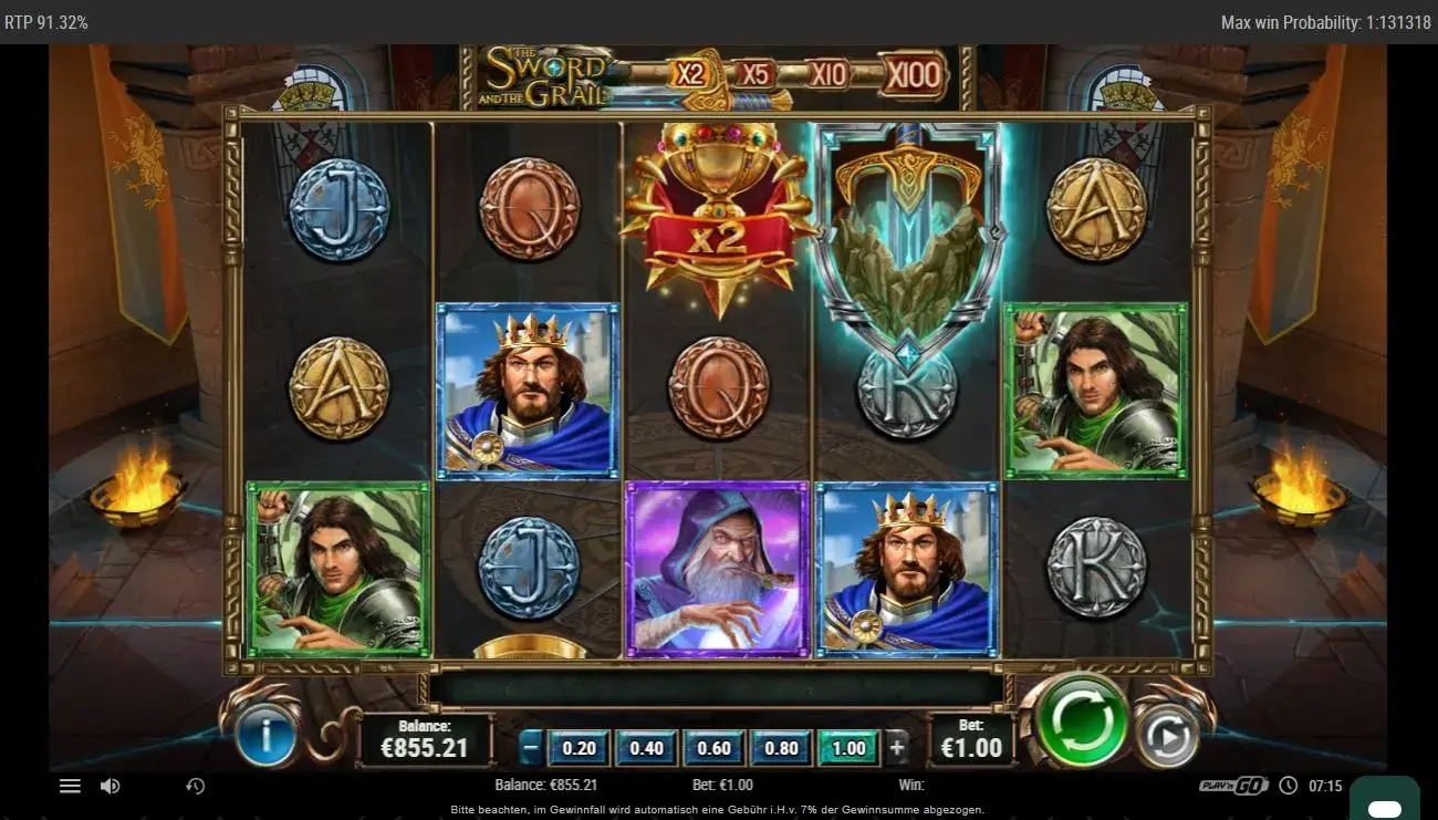 Slotspiel mit König Artus, Schwertsymbol und mittelalterlicher Kulisse