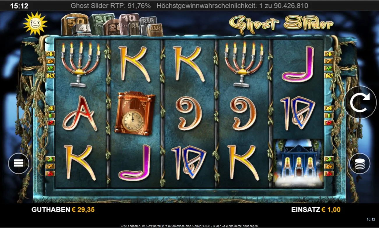 Screenshot des Ghost Slider Slots mit Walzen, Symbolen und RTP-Anzeige