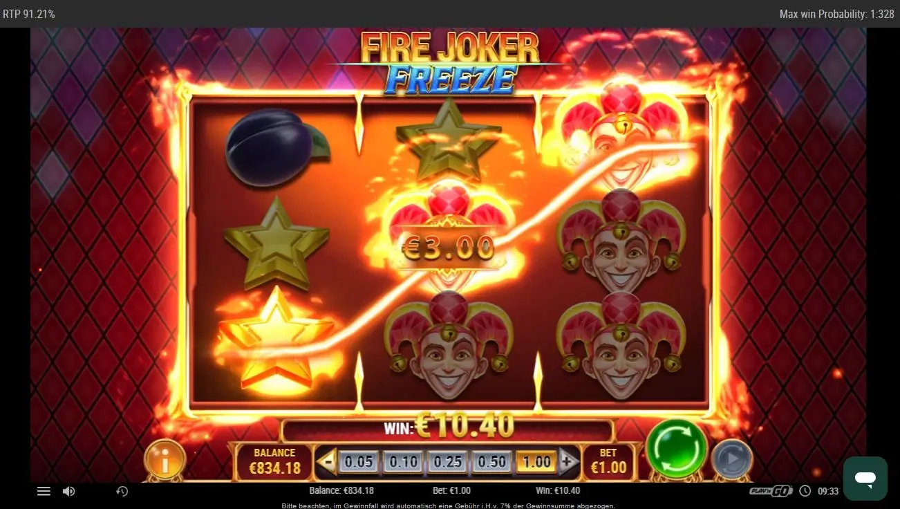 Ingame-Screenshot des Fire Joker Freeze Slots mit Joker-Gesichtern und glühenden Linien