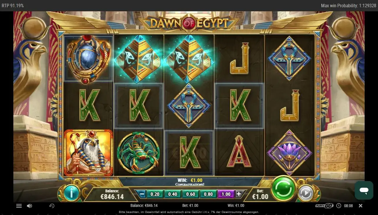 Ägyptischer Slot Dawn of Egypt mit Horus-Symbol, Skarabäus und klassischen Kartensymbolen