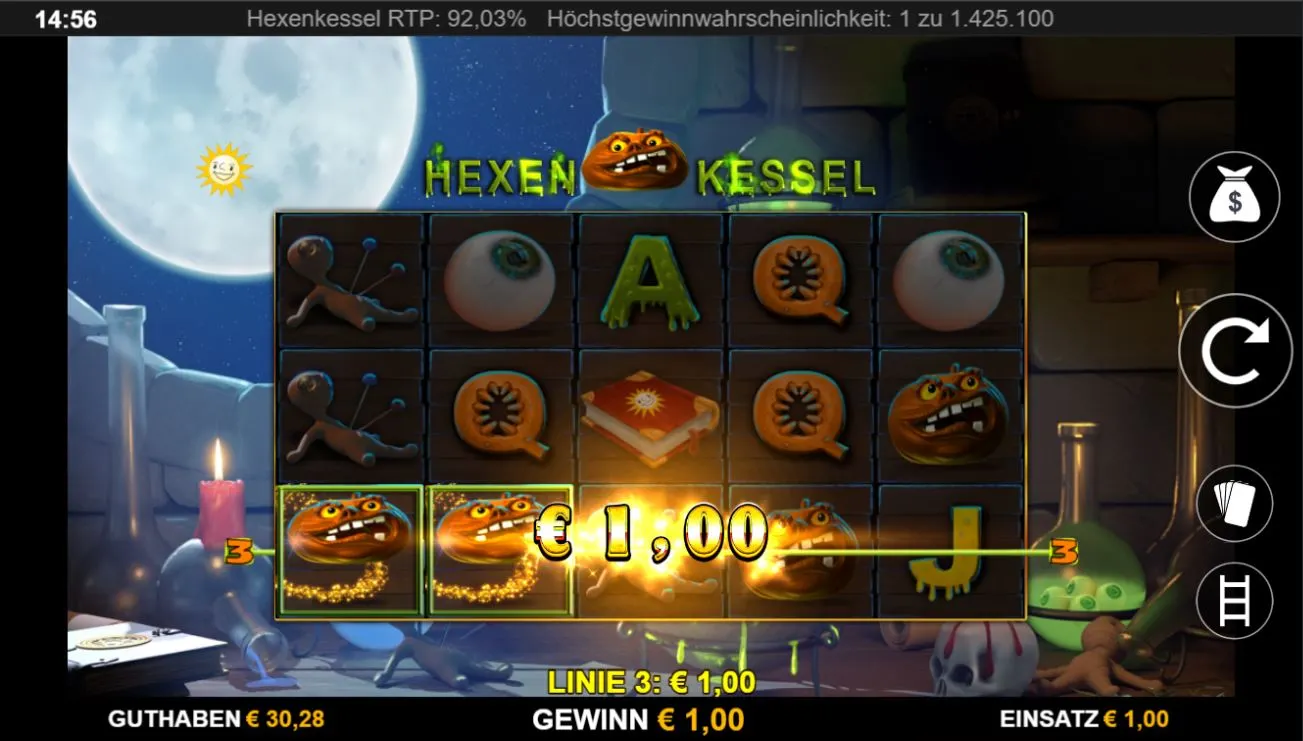 Hexenkessel Slot Bildschirm mit Gewinnanzeige und gruseligen Symbolen im Labor-Setting